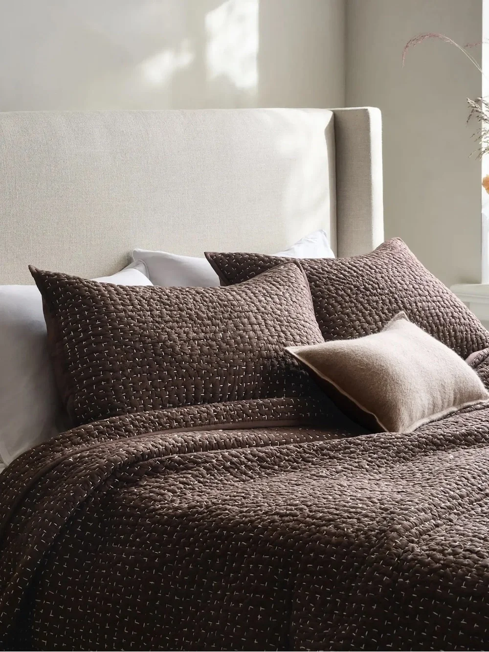 TWO piece NWT King Organic Cotton Hand Stitched Quilted Sham Set ESPRESSO $58